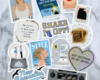 May include: A collection of stickers featuring various designs and text, including "Shake It Off!" and "You Are In Love". The stickers are on a white background and have a variety of colors and styles.