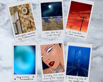 May include: A collage of nine Polaroid-style photos with handwritten text on each. The photos depict a variety of scenes, including a room with a clock, a beach with two chairs, a sunset sky, a blue nebula, a woman's face, and a street scene at night. The text on the photos includes phrases like "Midnights become my afternoons...", "can this be a real thing?", "so scarlet, it was maroon", "My aura's moonstone", "lately I've been dressing for revenge", and "I keep my side of the street clean".