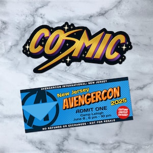Puede incluir: Un boleto azul y blanco para la convención Avengercon 2025 de Nueva Jersey. El boleto dice "Admit One" y "Camp Lehigh" con la fecha y hora del evento: 8 de junio, 6 pm - 10 pm. El boleto también dice "No Refunds or Exchanges - Not for Resale".