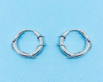 Genuine 925 Sterling Silver Cute 10mm Hoop Earring With Wire Wrap Detail