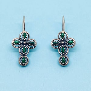 Genuine 925 Sterling Silver Fancy Jesus Christ Cross Drop Earrings With Stones