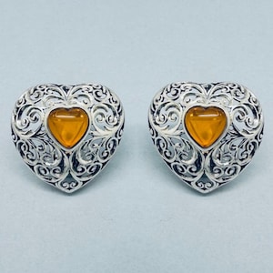 Genuine 925 Sterling Silver Cut Out Filigree Clip On Earrings With Amber Heart