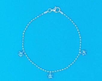 Genuine 925 Sterling Silver 7 Inch 2mm Bead Bracelet With 3 Blue Crystal Drops