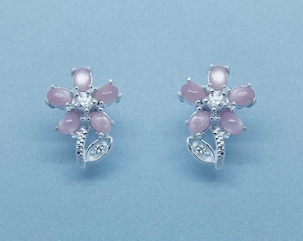 Genuine 925 Sterling Silver Flower Stud Earrings With Rose Quartz and CZ Stones