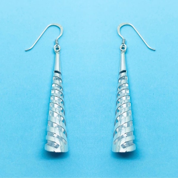 Genuine 925 Sterling Silver Cut Out Spiral Cone Drop Earrings On Hook Wire