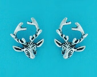 Genuine 925 Sterling Silver Deer Head With Antlers Stud Earrings