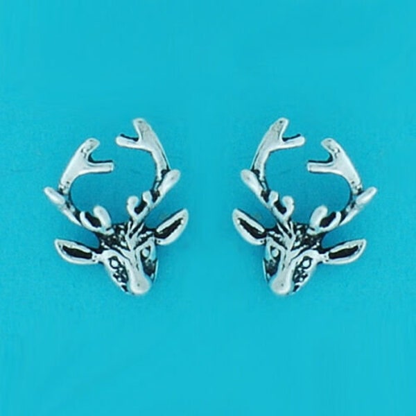 Genuine 925 Sterling Silver Deer Head With Antlers Stud Earrings