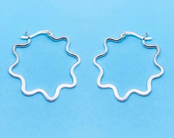 Genuine 925 Sterling Silver 30mm Flat Wiggly Flower Hoop Earrings