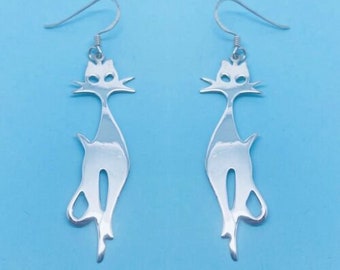 Genuine 925 Sterling Silver Polished Large Cat Silhouette Drop Earrings