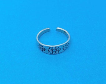 Echt Sterling Silber Toe Ring mit drei Blumen Detail One Size Fits All