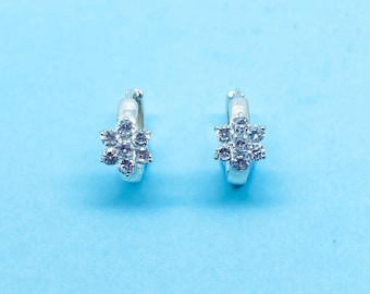 Genuine 925 Sterling Silver Hinged Huggy Hoop With Cubic Zirconia Flower Cluster