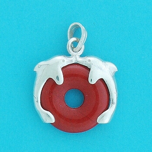 Genuine 925 Sterling Silver Two Leaping Dolphins on Real Stone Disc Pendant