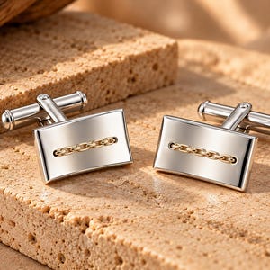 May include: A pair of rectangular silver-toned cufflinks featuring a polished metallic finish and a horizontal gold-toned chain link inlay centered on the front face. Each cufflink includes a standard swivel toggle backing mechanism.