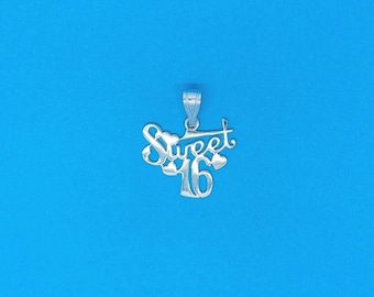 May include: Silver pendant necklace with the words "Sweet 16" in a cursive font with hearts.