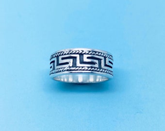 Genuine 925 Sterling Silver 9mm Wide Band Ring With Greek Key Design Pattern