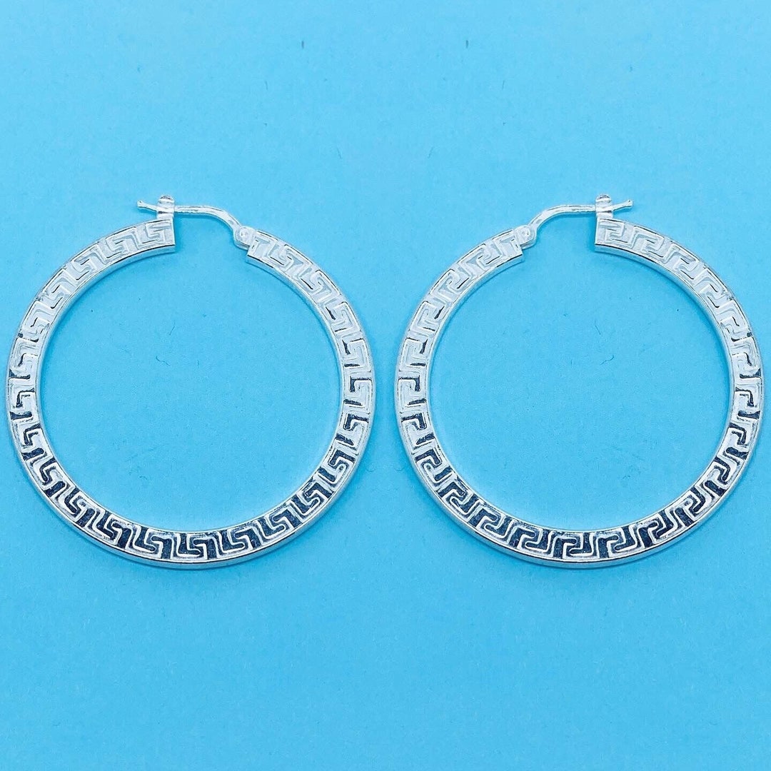 Sterling Silver Greek Key Huggie Hoop Earrings – 15mm Diameter, 925 Silver From Italy