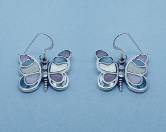 Genuine 925 Sterling Silver Cute Butterfly Drop Earrings With Mother Pearl Inlay