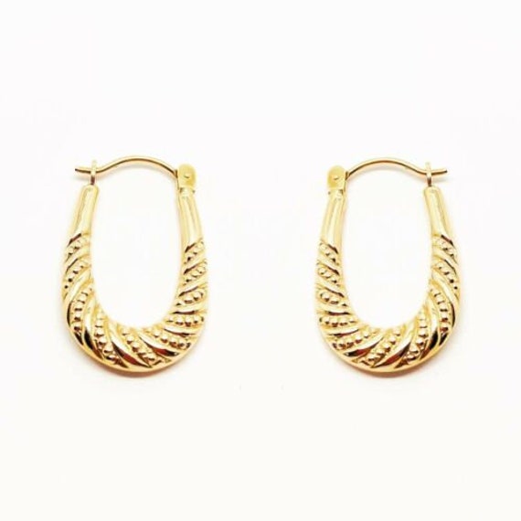 Genuine Carat Yellow Gold Creole Hoop Earrings W Embossed Pattern Sizes 