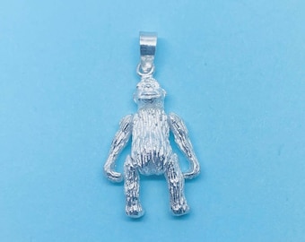 Genuine 925 Sterling Silver Solid Monkey Pendant With Moveable Limbs