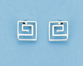 Genuine 925 Sterling Silver Cut Out Greek Patterned Stud Earrings Two Sizes Available