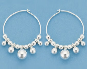genuine 925 sterling silver 20mm hoop earrings with silver beads
