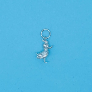 May include: A silver-colored duck charm with a small loop at the top for attaching to a bracelet or necklace. The duck has a detailed design, including a beak, eye, and feathers. The charm is on a light blue background.