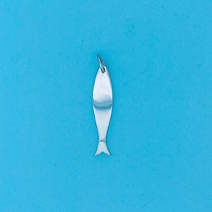 Puede incluir: Un colgante de pescado de plata. El encanto tiene forma de pez con un cuerpo redondeado y una cola puntiaguda. El encanto cuelga de un lazo de plata.