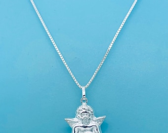 Genuine 925 Sterling Silver 16 Inch Box Chain With Cute Angel Cupid Pendant