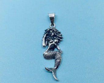 Genuine 925 Sterling Silver 30mm Oxidised Mermaid Pendant