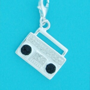 Genuine 925 Solid Sterling Silver Radio Clip On Charm W/ Black & White Crystals