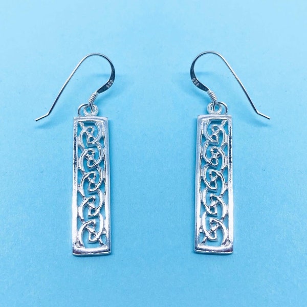 Genuine 925 Sterling Silver 30mm x 8mm Rectangle Cut Out Celtic Drop Earrings