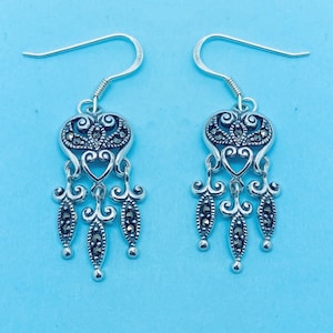 Genuine 925 Sterling Silver Heart Shaped Drop Earrings With Marcasite Stones