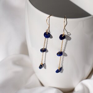 Dainty Chain 14k Gold Filled Lapis Lazuli Wire Drop Dangle Earrings, Gemstone Earrings, Birthday Anniversary Gift image 1