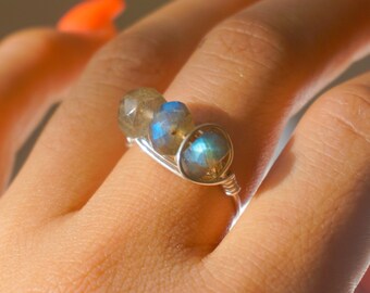 Lightning Blue/Yellow Luminescent Labradorite Rondelle Sterling Silver 925 Wire-Wrapped Ring, Statement Gemstone Silver Ring