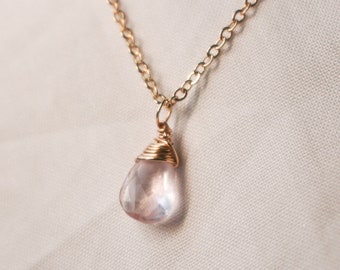 Rose Quartz Teardrop 14K Gold-Filled Pendant Necklace, Gemstone Pendant Wirewrapped Necklace, Crystal Dainty Necklace, Gold Crystal Necklace