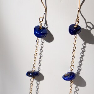 Dainty Chain 14k Gold Filled Lapis Lazuli Wire Drop Dangle Earrings, Gemstone Earrings, Birthday Anniversary Gift image 4