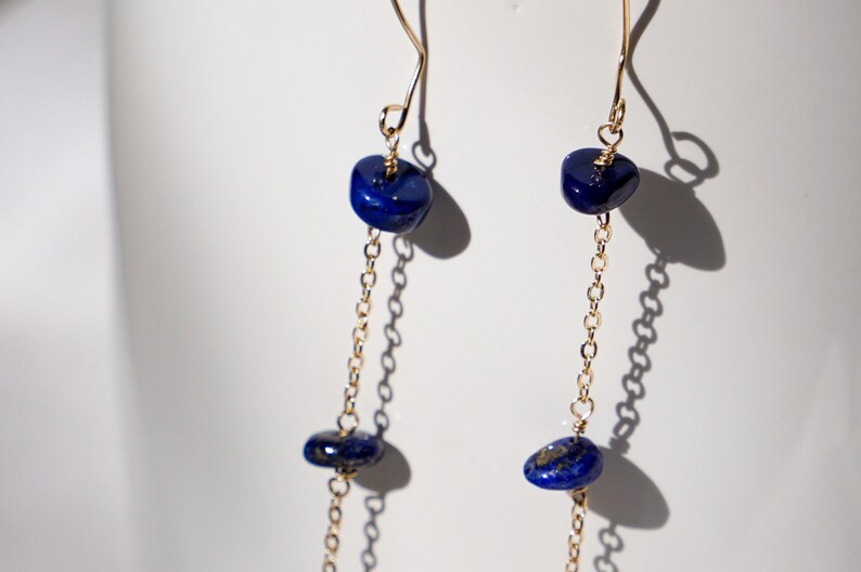 Dainty Chain 14k Gold Filled Lapis Lazuli Wire Drop Dangle Earrings, Gemstone Earrings, Birthday Anniversary Gift image 4