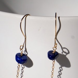 Dainty Chain 14k Gold Filled Lapis Lazuli Wire Drop Dangle Earrings, Gemstone Earrings, Birthday Anniversary Gift image 2