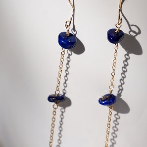 Dainty Chain 14k Gold Filled Lapis Lazuli Wire Drop Dangle Earrings, Gemstone Earrings, Birthday Anniversary Gift image 6