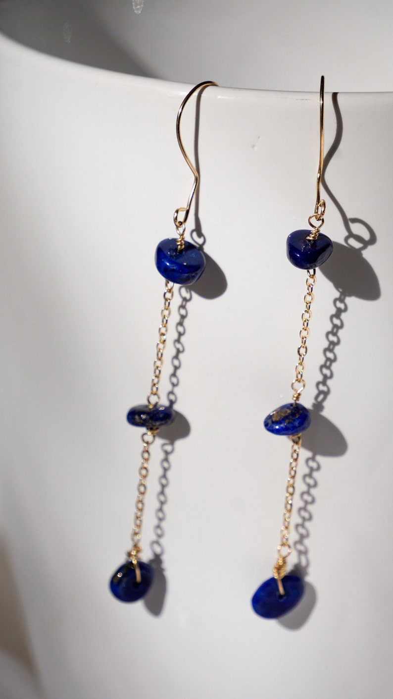 Dainty Chain 14k Gold Filled Lapis Lazuli Wire Drop Dangle Earrings, Gemstone Earrings, Birthday Anniversary Gift image 6