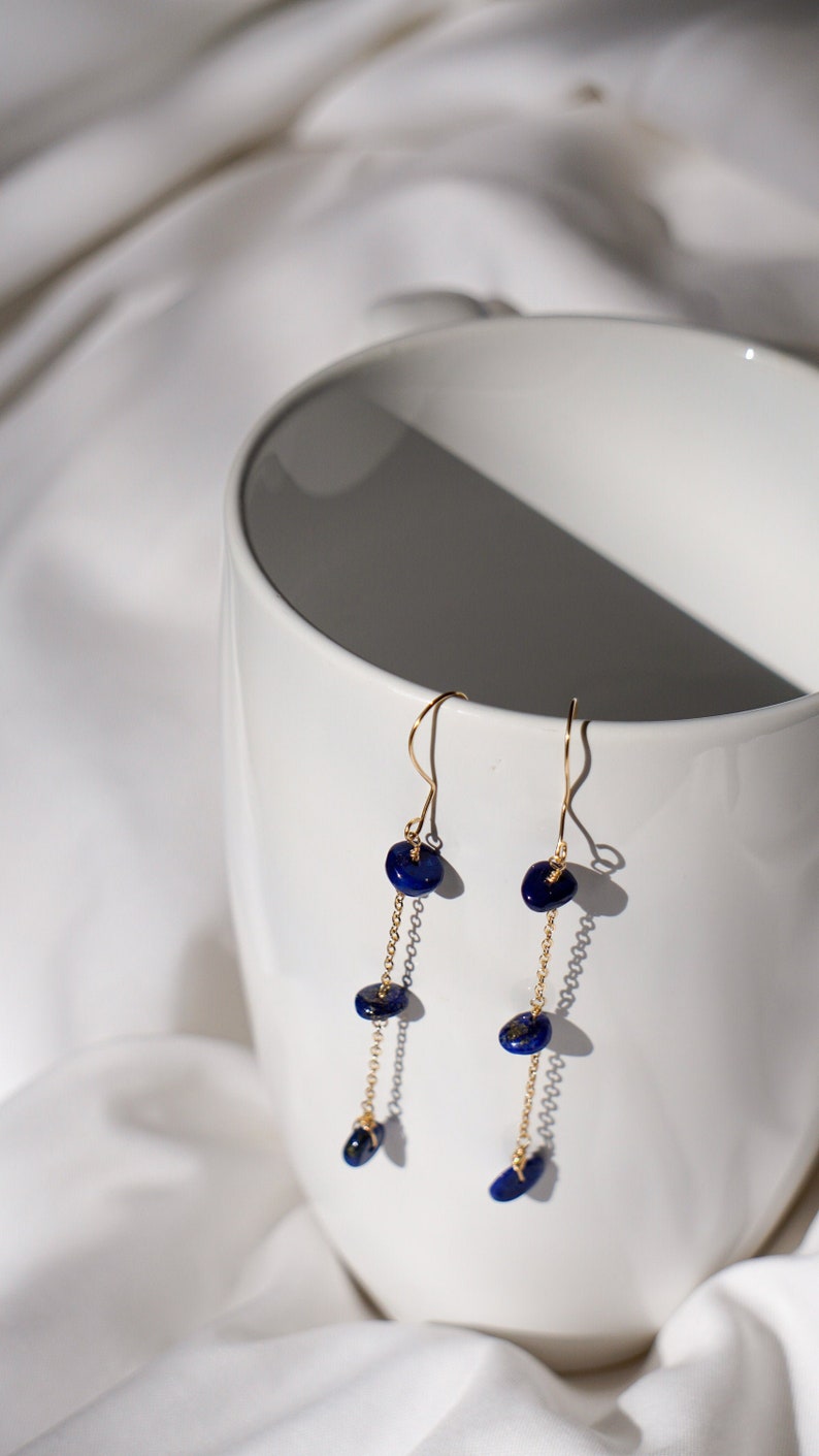 Dainty Chain 14k Gold Filled Lapis Lazuli Wire Drop Dangle Earrings, Gemstone Earrings, Birthday Anniversary Gift image 1