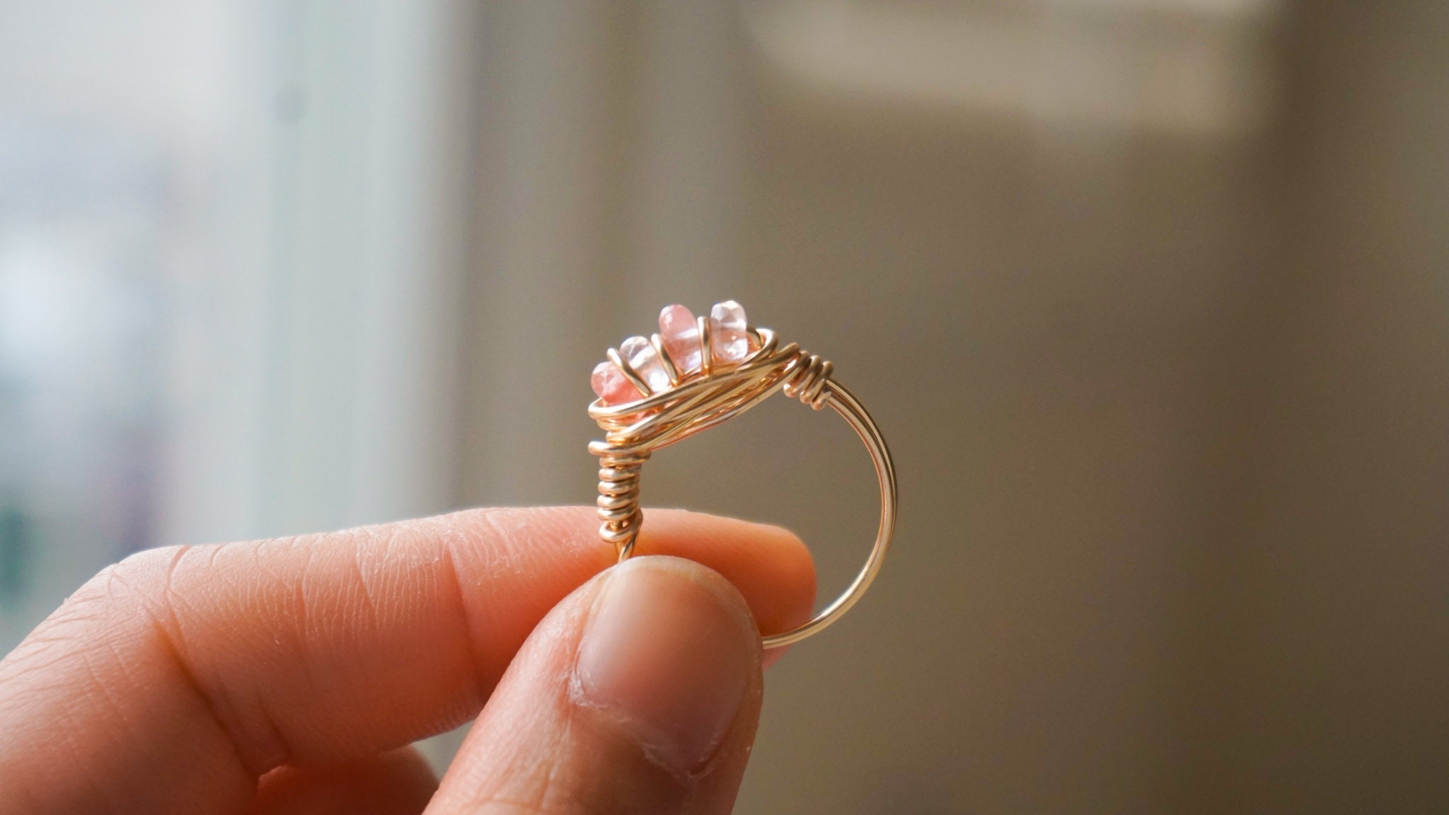 Valentine s Watermelon Quartz 14K Gold Filled Wire wrapped Ring