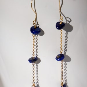 Dainty Chain 14k Gold Filled Lapis Lazuli Wire Drop Dangle Earrings, Gemstone Earrings, Birthday Anniversary Gift image 5