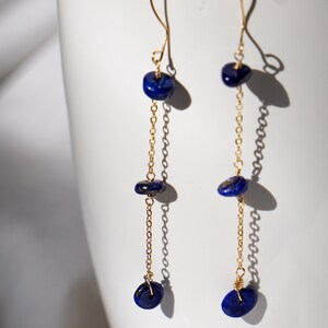 Dainty Chain 14k Gold Filled Lapis Lazuli Wire Drop Dangle Earrings, Gemstone Earrings, Birthday Anniversary Gift image 3