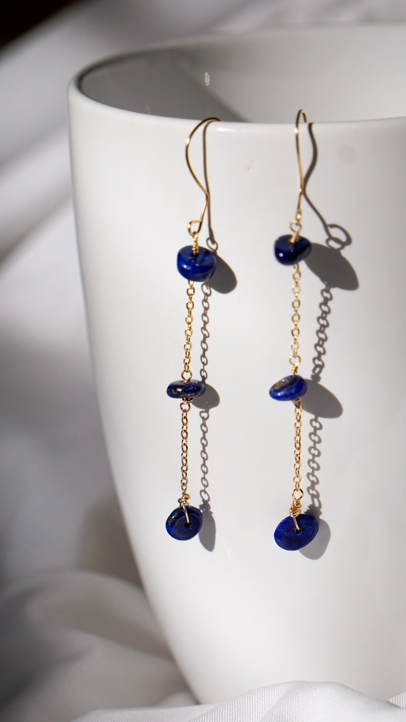 Dainty Chain 14k Gold Filled Lapis Lazuli Wire Drop Dangle Earrings, Gemstone Earrings, Birthday Anniversary Gift image 3