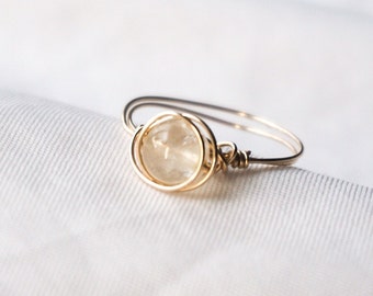 Dainty Honey Citrine 14K Gold Filled Wire-Wrapped Ring, Dainty Gemstone Beaded Ring, Minimalist Stacking Ring, 14k Gold Crystal Ring