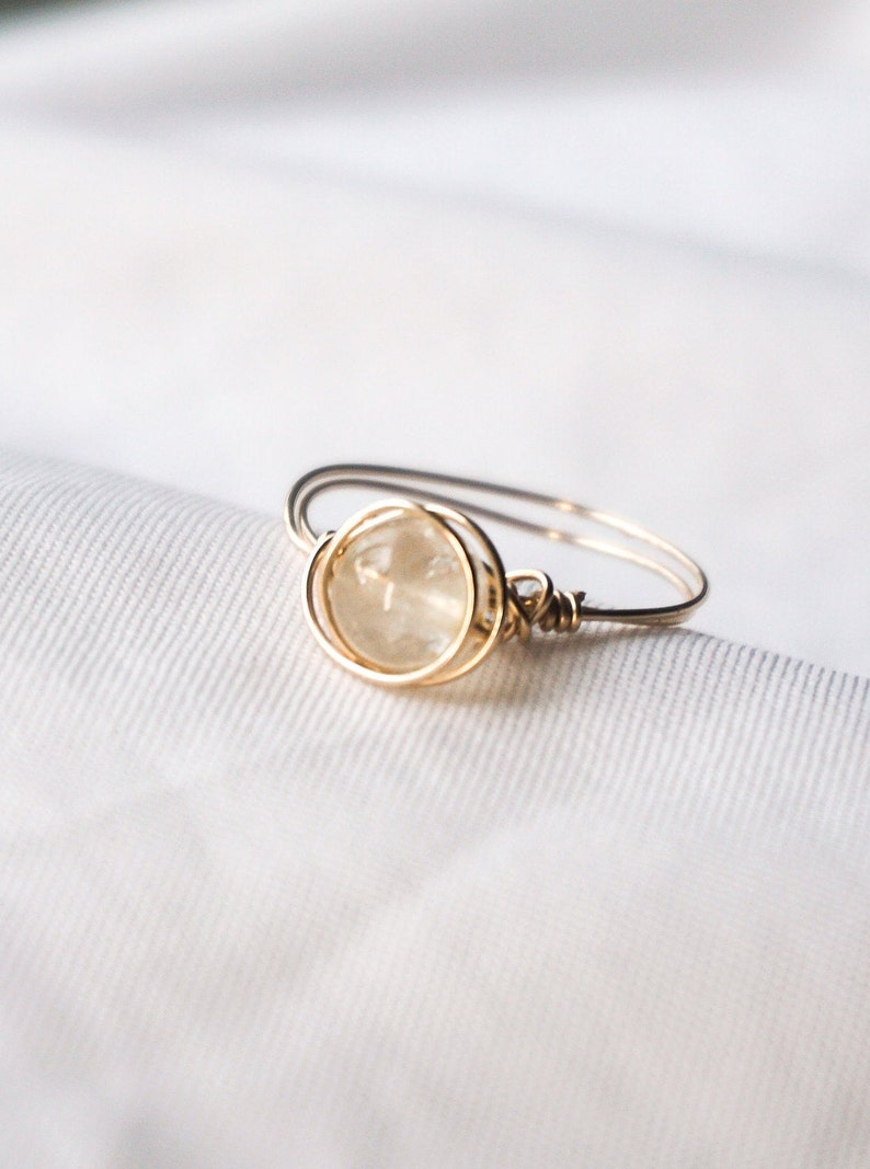 Dainty Honey Citrine 14K Gold Filled Wire-Wrapped Ring, Dainty Gemstone Beaded Ring, Minimalist Stacking Ring, 14k Gold Crystal Ring image 1
