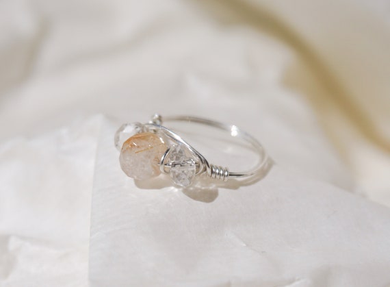 Sterling Silver Quartz Wire wrapped Ring Gemstone Beaded Ring