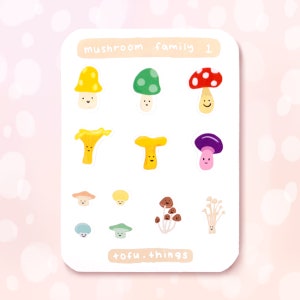 Feuille d'autocollants 1 Champignons colorés / Enoki / Chanterelles / Bouton / Casquette marron / Champignons / Amanite verte / Champignon vénéneux