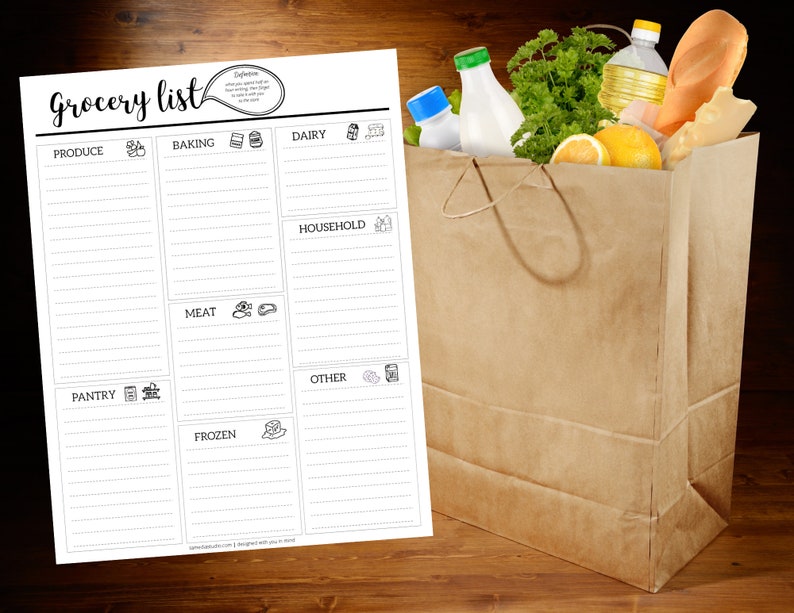 Grocery list notepad next to bag of groceries #groceryshopping